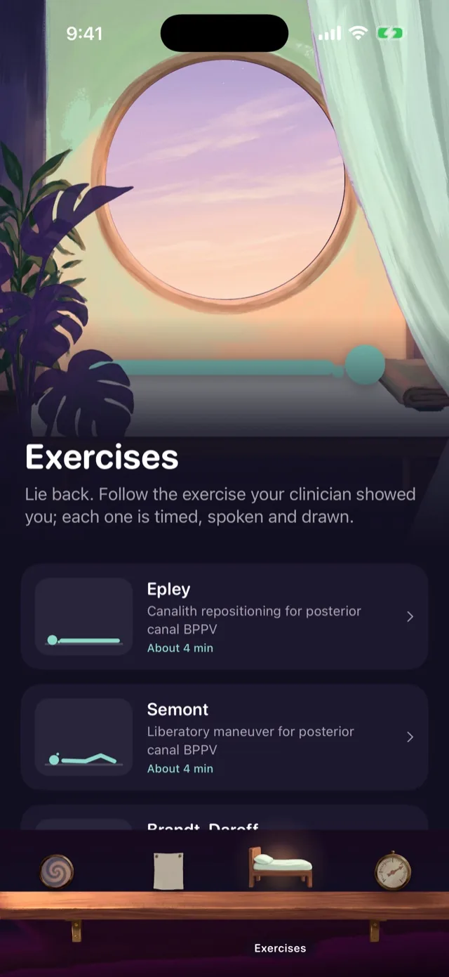 Exercises: a physiotherapy room with a figure demonstrating on the bed