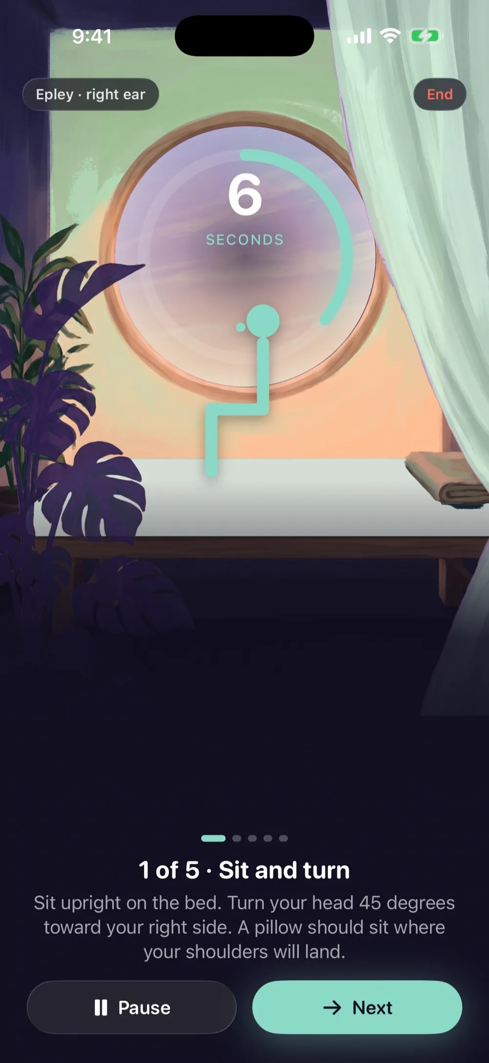 A guided session: the countdown glows in the round window while the figure holds a position on the bed